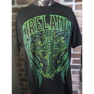 Mens Black & Green Ireland Forever T-Shirt  Celtic Cross Graphic Sz XL St Paddy